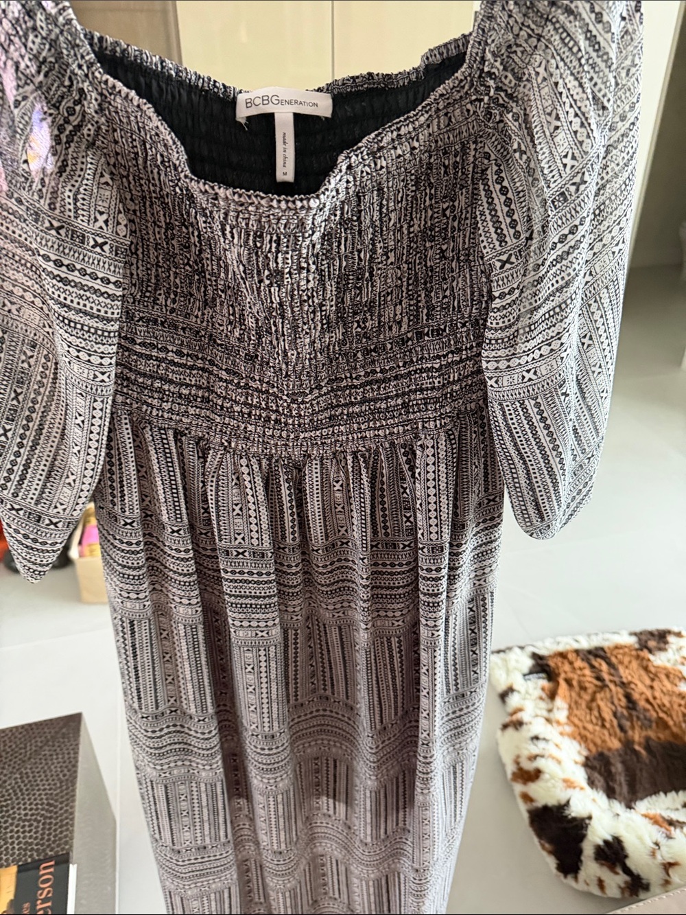 BCBGeneration Black and White Smocked Maxi Dress